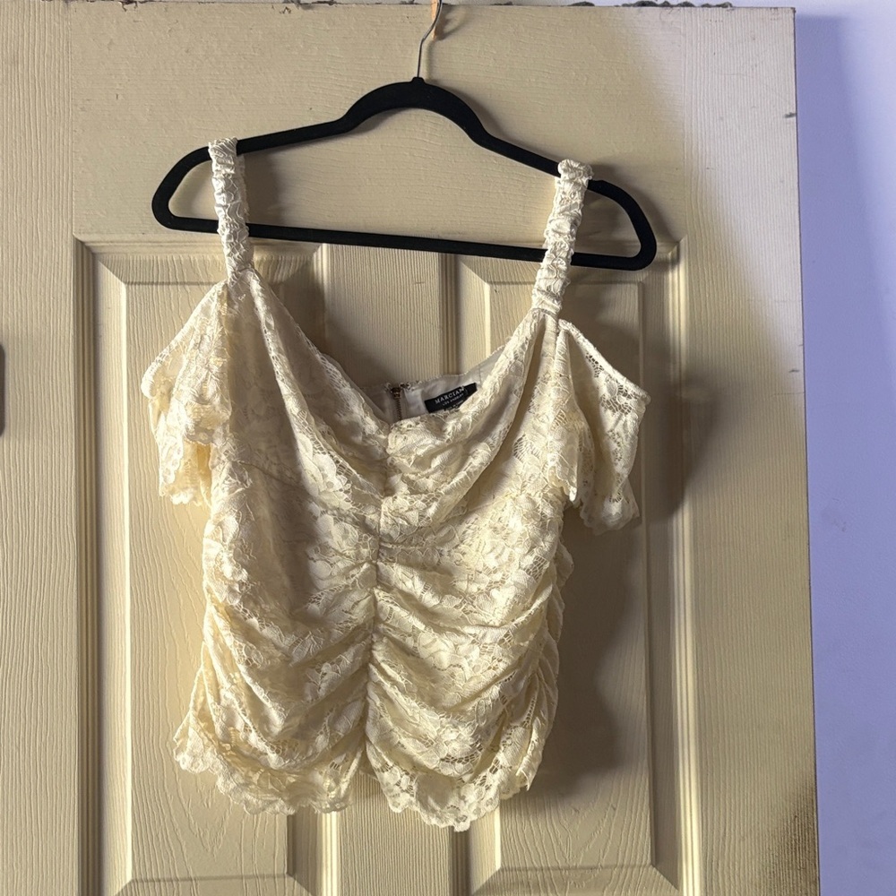 Marciano Cream Lace Ruched Blouse Off Shoulder